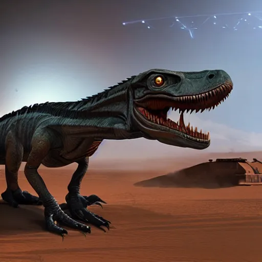 Image similar to velociraptor truck in star wars, futuristic dramatic lighting, intricate photorealism detail, cinematic composition, many exotic alien features, weta pixar, global illumation raytraced pbr