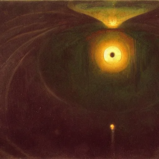 Prompt: in the depth of night a single unblinking eye looms in the sky, cosmic horror, Arnold Böcklin