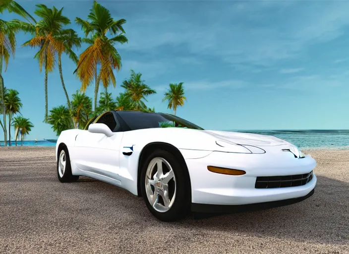 Prompt: hyperrealism, detailed textures, photorealistic 3 d render, a dreamy beach in cuba, a photo realistic 1 9 9 9 corvette stingray with a blazing pearl white colour scheme, mickey thompson tires, centrerline rims, sharp focus, ultra realistic, ultra high pixel detail, cinematic, intricate, cinematic light, concept art, illustration, art station, unreal engine 8 k