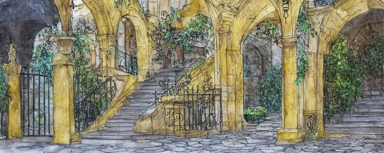 Prompt: courtyard walkway, fountain, castle, stairway, chairs, wrought iron, gate, botanic garden, botanical herbarium paper, watercolor colored painting, iridescent colors, realistic shaded, fine, artstation, italian style, colonnade ornate headdress, craving, carved, draped yellow, flowing robes, insanely detailed