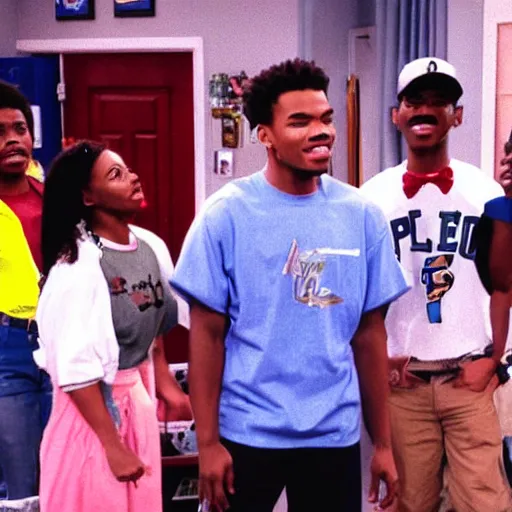 Image similar to a tv still of Chance The Rapper starring as a black college student at Jones College Prep in a 1993 sitcom