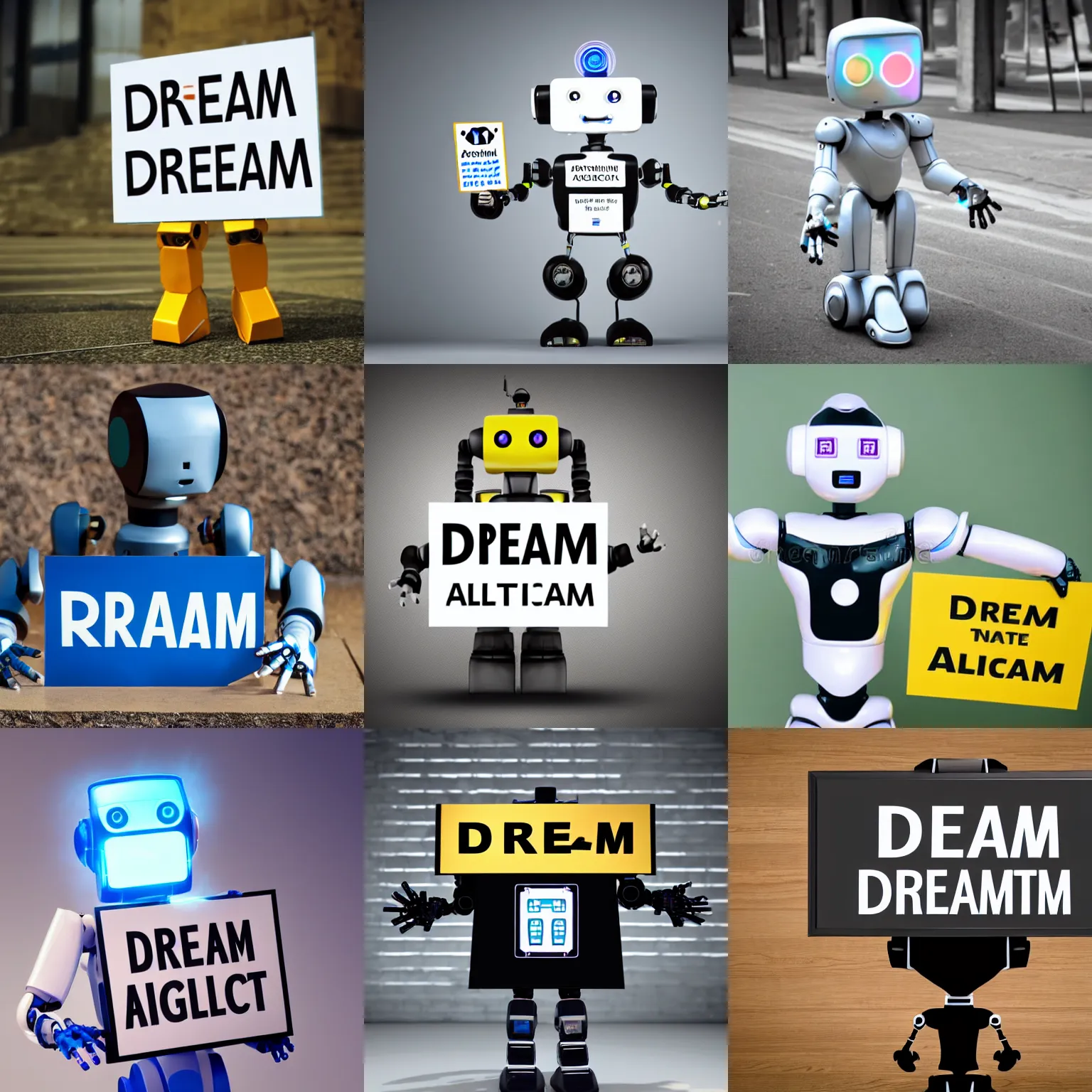 Image similar to artificial intelligence robot holding a sign with text that reads : dream