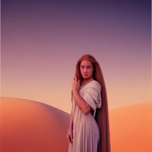 Image similar to photographic portrait of a stunningly beautiful renaissance female in soft dreamy light at a desert sunset, contemporary fashion shoot, by edward robert hughes, annie leibovitz and steve mccurry, david lazar, jimmy nelsson, breathtaking, 8 k resolution, extremely detailed, beautiful, establishing shot, artistic, hyperrealistic, beautiful face, octane render