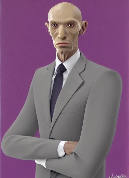 Prompt: a hyper realistic portrait of a male alien in a suit