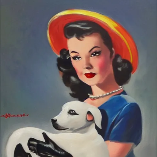 Image similar to a pin up driving with her white dog and big hat, award winning, 1 9 5 0 s painting