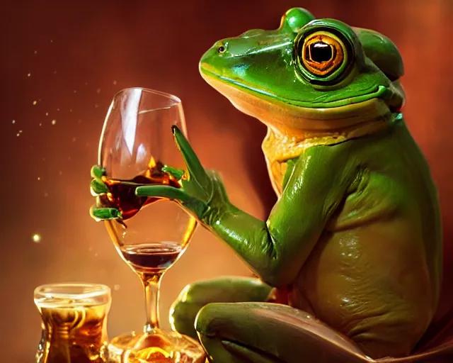 Image similar to photography of princess frog drinking wine, d & d, fantasy, intricate, elegant, highly detailed, digital painting, artstation, concept art, matte, sharp focus, illustration, hearthstone, art by artgerm and greg rutkowski and alphonse mucha