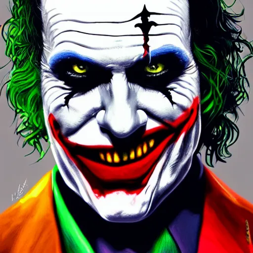 Prompt: an extremely psychedelic portrait of the joker as batman, surreal, lsd, face, detailed, intricate, elegant, lithe, highly detailed, digital painting, artstation, concept art, smooth, sharp focus, illustration,