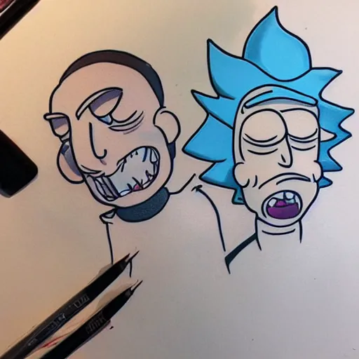 Prompt: tattoo design, stencil, portrait of rick and morty by artgerm