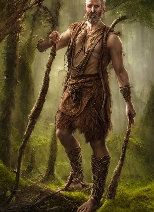 Prompt: a relaxed male middle aged druid in a sleeveless west, short brown hair, stringy, wielding a long staff which is covered in moss, full body, 8 k, hyperrealistic, hyperdetailed, fantasy portrait by laura sava