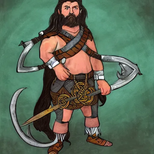 Image similar to full body character design reference art of Eoghaill of the Murine Hordes, a male La Tene Culture Celtic chieftain and warrior, resplendent and proud of bearing, long black hair, hirsute and muscled, wielding a Celtic longsword. Has a rat familiar. high quality, high detail, realistic painting, in the style of: Angus McBride, Rebecca Guay, and Michael William Kaluta. photorealistic light.