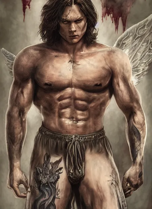 Image similar to Sam Winchester as a muscular angel with religious tattoos on chest and neck, stained and bleeding, magic overlays, magic flames, romance book cover style, D&D illustration style, (octane render) fantasy style, sharp focus, ultra detailed, art by Artgerm and Peter Andrew Jones, Ayami Kojima, Amano and Olivier Ledroit