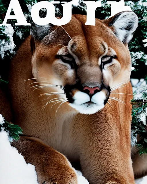 Image similar to magazine article showing 'a cougar sleeping in the middle of snowy pine tree' laying on coffee table, zoomed out shot, HD, iphone screenshot