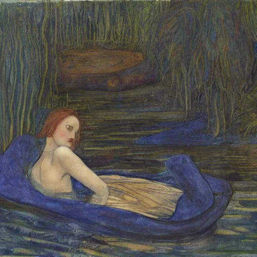 Prompt: Elizabeth Siddal swims in a lake with blue water lilies, Pre-Raphaelite style, highly detailed, sharp focus