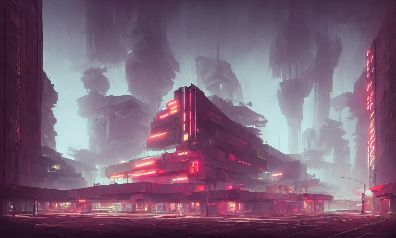 Image similar to brutalist architecture, colorful neon lighting, raphael lacoste, eddie mendoza, alex ross, concept art, matte painting, highly detailed, rule of thirds, dynamic lighting, cinematic, detailed, denoised, centered