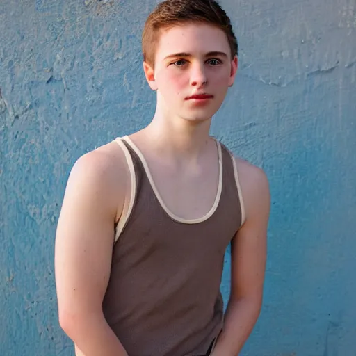 Image similar to portrait of a boy, around 22 yo with natural brown hair and green eyes. Smooth, pale skin and a net tanktop. Blue sky background.