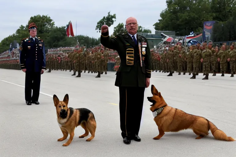 Prompt: A photo of Walter White as the supreme commander of the army standing at a military parade, holding a corgi