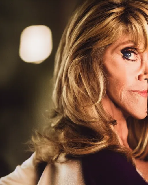 Prompt: A realistic photo of Jane Fonda as Buffy the Vampire Slayer, bokeh, 90mm, f/1.4