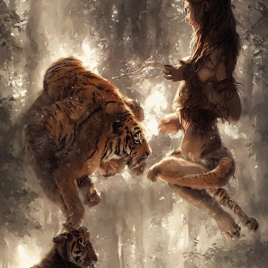 Image similar to the relationship between a girl and a tiger. they love each other, girl with beautiful soft woman body, detailed digital art by greg rutkowski.