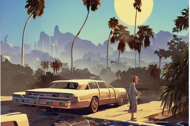 Image similar to broken robot | abandoned motel | palm trees | snowy mountains | moon in sky, painting by syd mead and weta studio and moebius and james jean and frank frazetta, highly detailed, rule of third, soft lighting, architectural magazine, beautiful detailed, insanely intricate details, artstation trending, hypermaximalistic, high details, cinematic