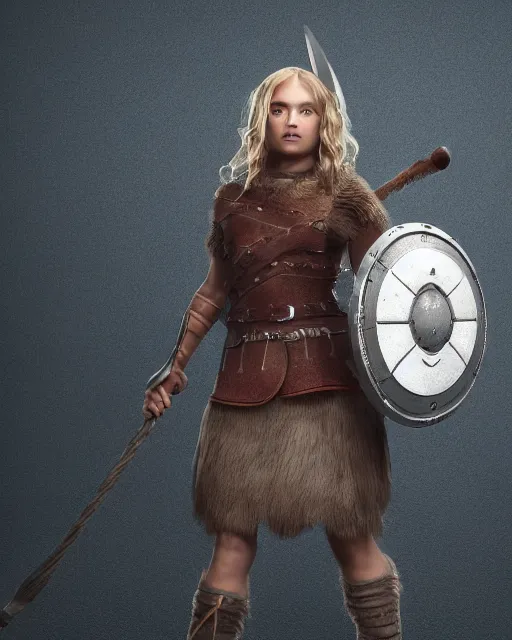 Image similar to a viking girl with a shield, pixar style, clean detail, symmetrical, octane render, studio lighting