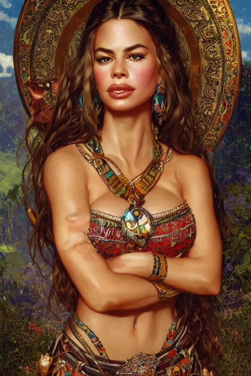 Image similar to young Sofía Vergara portrait, Aztec, Mayan, fantasy, elegant, intricate, by Stanley Artgerm Lau, greg rutkowski, thomas kindkade, alphonse mucha, loish, norman Rockwell