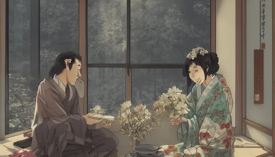 Prompt: old japanese giving flowers to his wife, japanese house, light through windows, romantic, manga, artists, hyperdetailed, artstation, cgsociety, 8 k