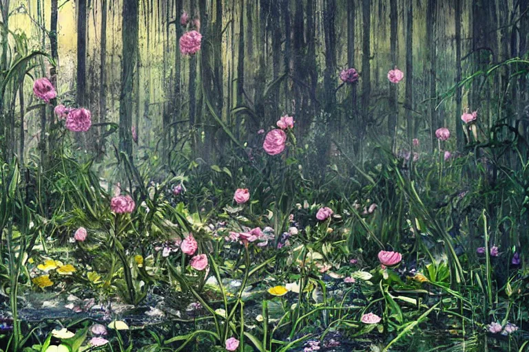 Image similar to hyperrealism, scene from starship, louisiana swamps, spring blooming flowers garden, true detective, 8 k, 8 0 s japanese sci - fi books art