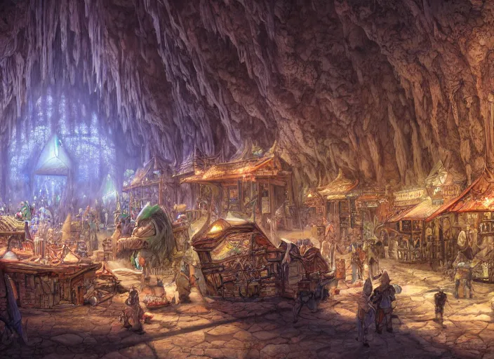 Image similar to close up view of a bustling fantasy marketplace in a large cavern by jeff darrow and moebius, earth and pastel colors, dramatic perspective, highly detailed, ultra realistic, masterpiece, 4 k, 8 k