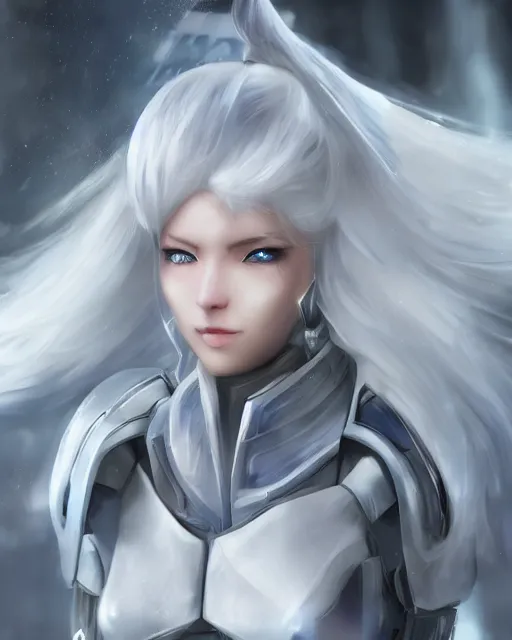 Image similar to perfect white haired girl, warframe armor, beautiful, dreamy, half asian, pretty face, blue eyes, detailed, windy weather, scifi, utopian architecture, laboratory, 4 k, ultra realistic, epic lighting, cinematic, high detail, masterpiece, art by akihito tsukushi, akasuki voidstar