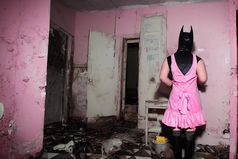 Image similar to batman wearing pink frilly apron offering free beer in dirty disgusting brown bathroom with cracked tiles and mold, atmospheric eerie lighting, dim lighting, bodycam footage, motion blur, blurry photography