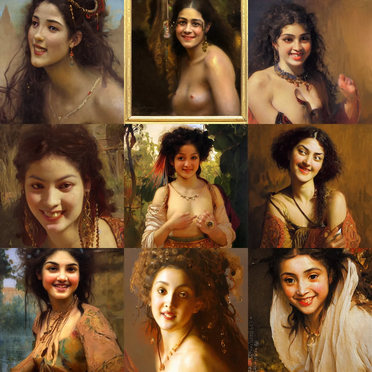 Prompt: orientalism painting of a pretty young woman with dark curls and a goofy smile in the slums face detail by theodore ralli and nasreddine dinet and anders zorn and edwin longsden long, bronze age, sword and sorcery, oil on canvas, masterful intricate artwork, excellent lighting, high detail 8 k