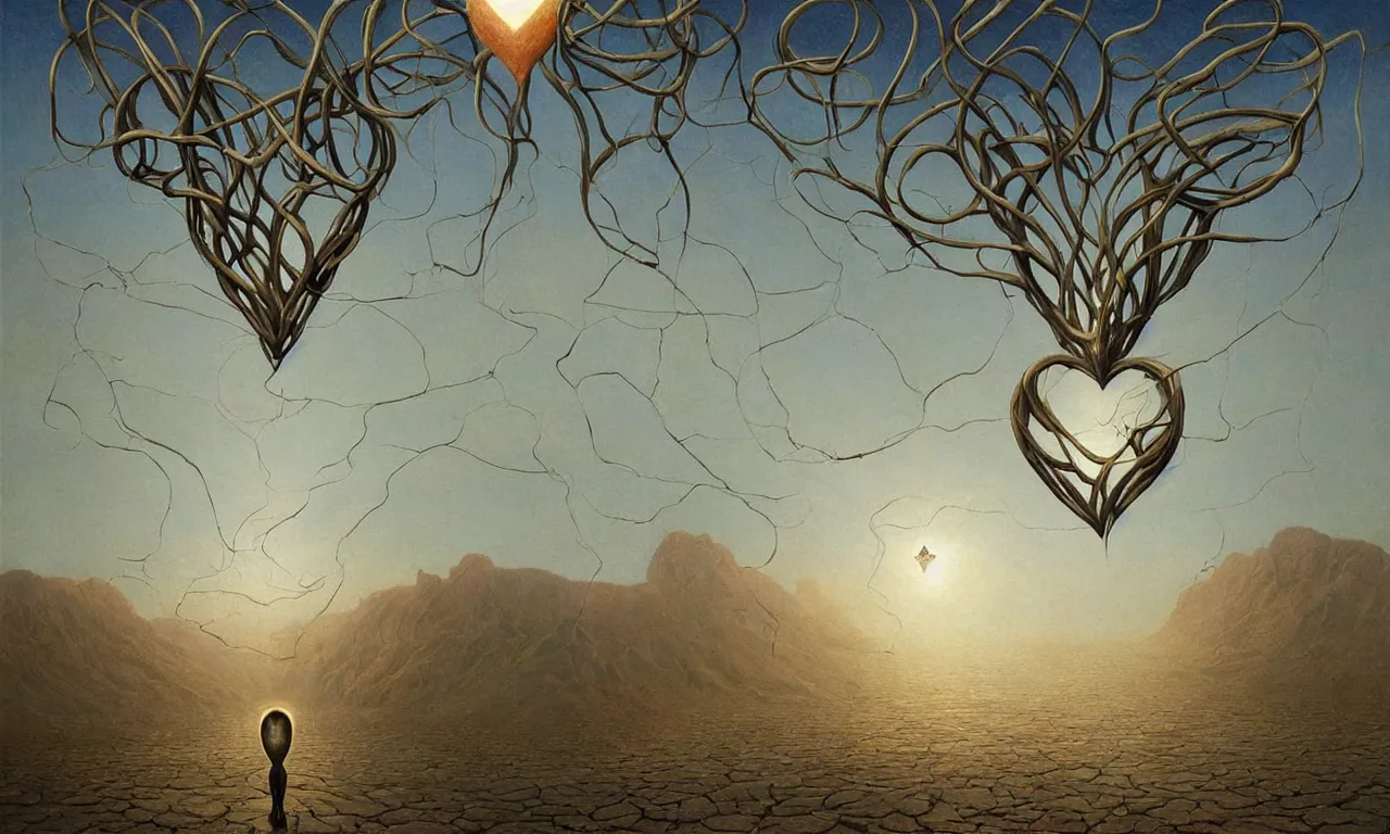 Image similar to a floating heart stringed by veins of light, art by james gurney and greg rutkowski and rene magritte, surrealism by salvador dali, very detailed, high resolution, symmetry, volumetric lighting