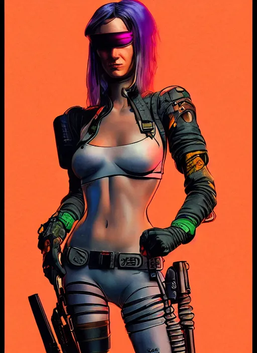 Image similar to cyberpunk mercenary. portrait by stonehouse and mœbius and will eisner and gil elvgren and pixar. realistic proportions. cyberpunk 2 0 7 7, apex, blade runner 2 0 4 9 concept art. cel shading. attractive face. thick lines.