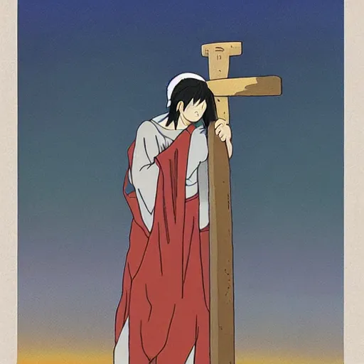 Prompt: poster of a bloodied Jesus carrying his cross, Studio Ghibli