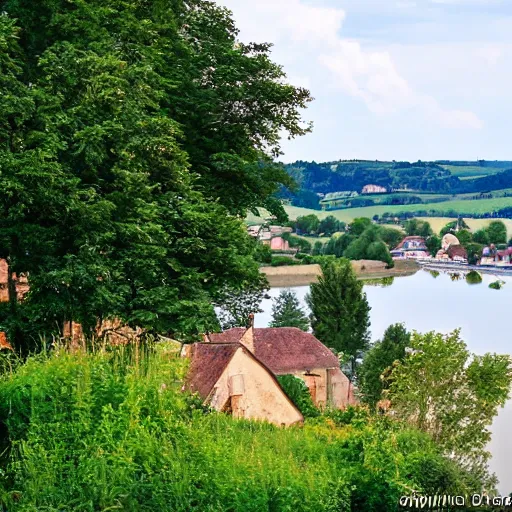 Prompt: dordogne typical landscape, little houses on the hills in the background, summer, river.