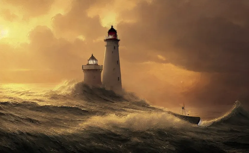 Prompt: painting of a sailing ship in a horrible stormwith big waves, lighthouse at sunset, natural light, concept art, by greg rutkowski, cozy atmospheric and cinematic lighting