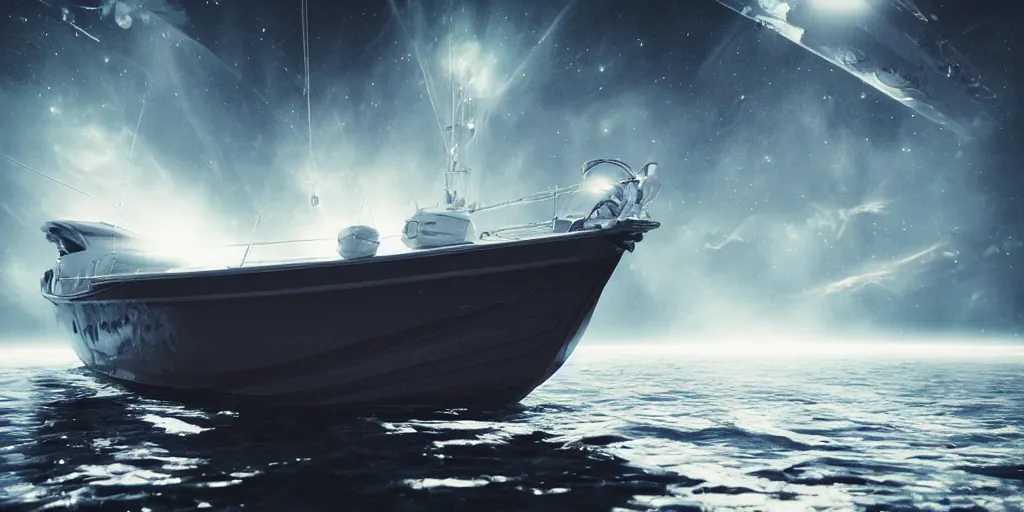 Prompt: a highly detailed realistic photographic render of a boat in space, surreal, cinematic lighting, cinematic scene, volumetric lighting, atmospheric scene, dark, mystery, atmospheric lighting, realistic, photo realism, hyper realistic, hyper realism, photo realisitc, cinematic render, film, beautifully lit, ray traced, octane 3 d render, octane render, unreal engine