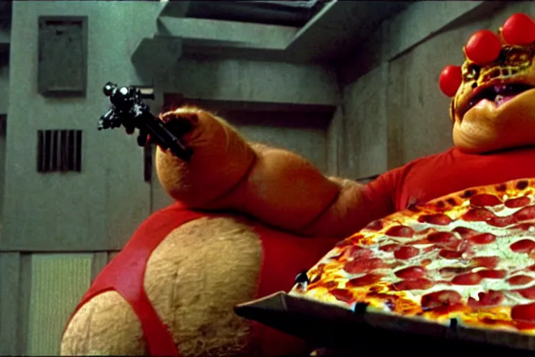 Image similar to a film still of pizza the hut in the akira, high quality