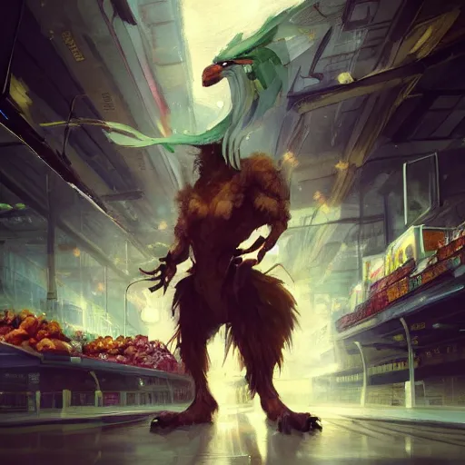 Image similar to digital painting of an super market shopping elegant but deadly chicogriff, griffin chicogriff hybrid monster, by Greg Rutkowski, magic the gathering concept art, trending on artstation, 4k resolution, ((in a super market Costco))