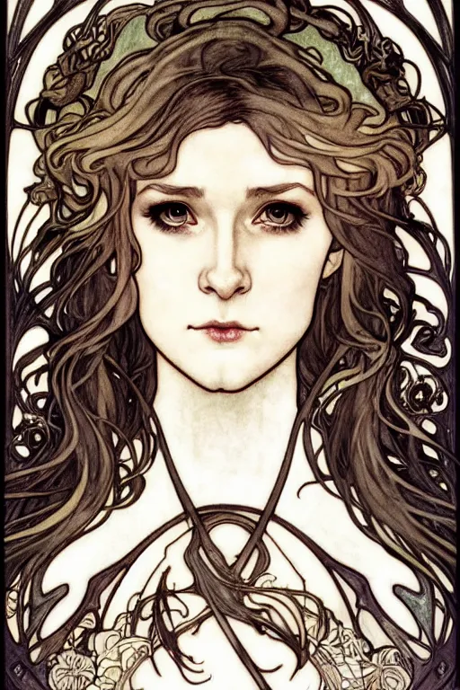 Prompt: in the style of artgerm, arthur rackham, alphonse mucha, evan rachel wood, symmetrical eyes, symmetrical face, flowing white dress