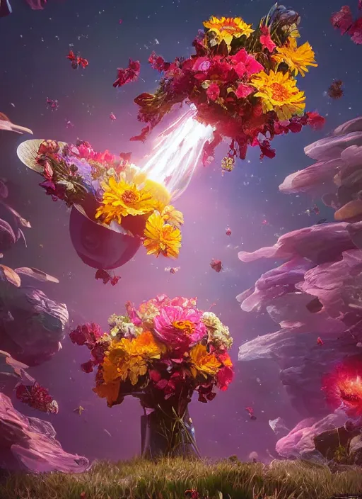 Image similar to An epic fantastic realism comic book style painting of the most beautiful flowers launched into space, bouquets, fisheye lens, unreal 5, DAZ, hyperrealistic, stars across the cosmos, octane render, dynamic lighting