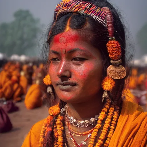 Image similar to realistic exposed expired fuji film portrait of naga sadhu india women at maha kumbh, marigold celestial vibe, hyperrealism, hypermaximalism, photorealistic, detailed, atmospheric, 8 k, award winning photography, cinematic