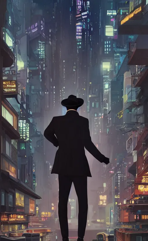 Image similar to a handsome black detective wearing a gray fedora, suit, and trench coat, holdind a blaster, standing in a night futuristic city, film noir, highly detailed, digital painting, artstation, cinematic lighting, in style of ilya kuvshinov, wlop, alphonse mucha, yoji shinkawa, anime aesthetic