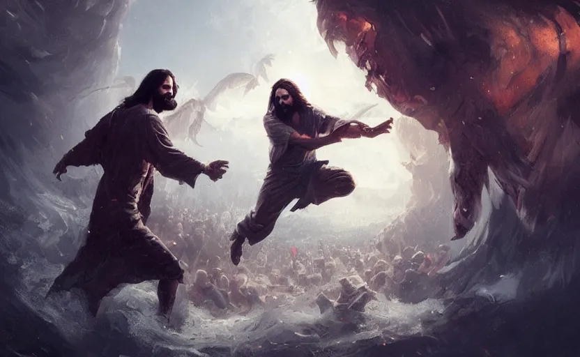 Image similar to Jesus Christ fighting Lucifer, detailed face, digital art,ultra realistic,ultra detailed, ultra wide Lens, art by greg rutkowski