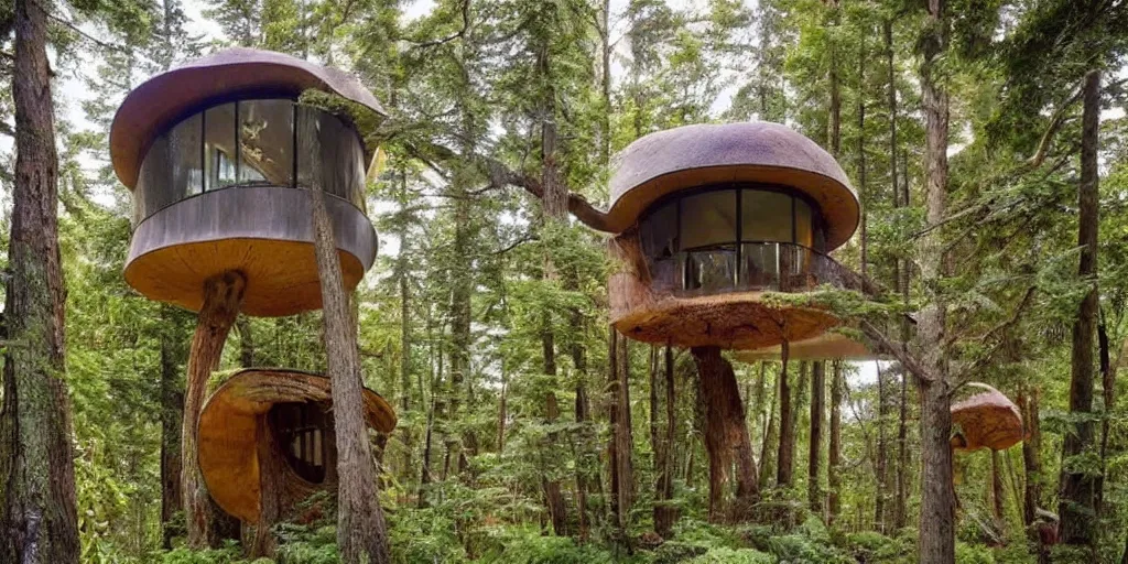 Image similar to large treehouse residence made from an enormous mushroom, pacific northwest, incorporating round doors