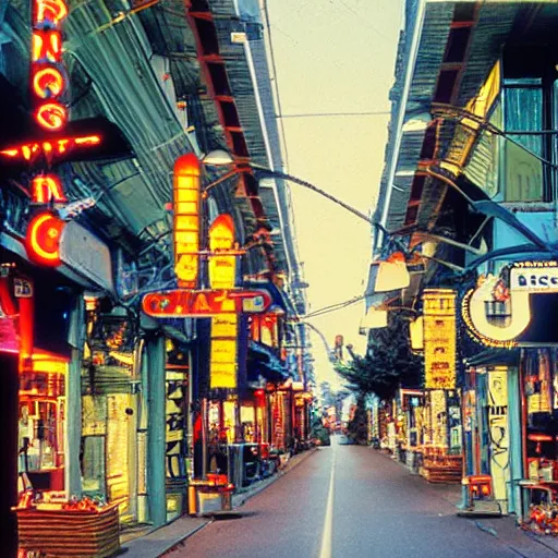 Image similar to award winning photo by fred herzog of a street in vancouver, shops, signs