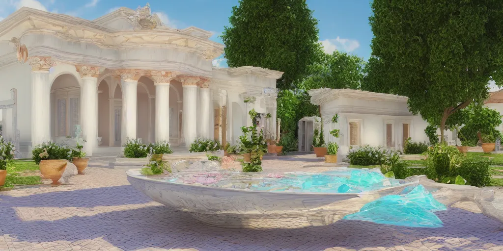 Image similar to 3D render of an Italian villa with an ice cream scoop as the roof, pastel colors, 8k, hd, bloom effect