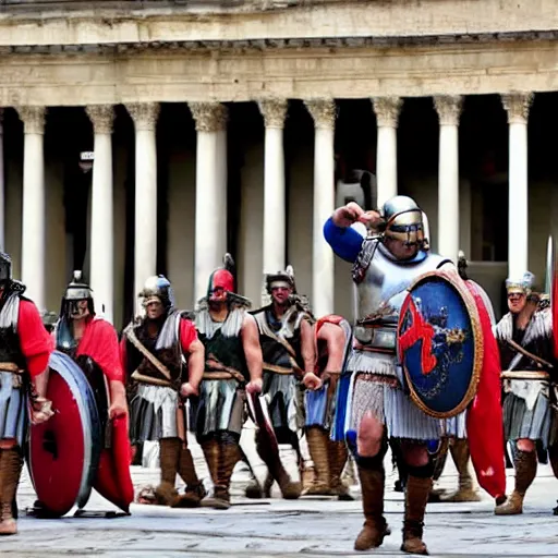 Prompt: roman soldiers and centurions invading the washington capitole, wearing maga hats ( january 2 0 2 1 )