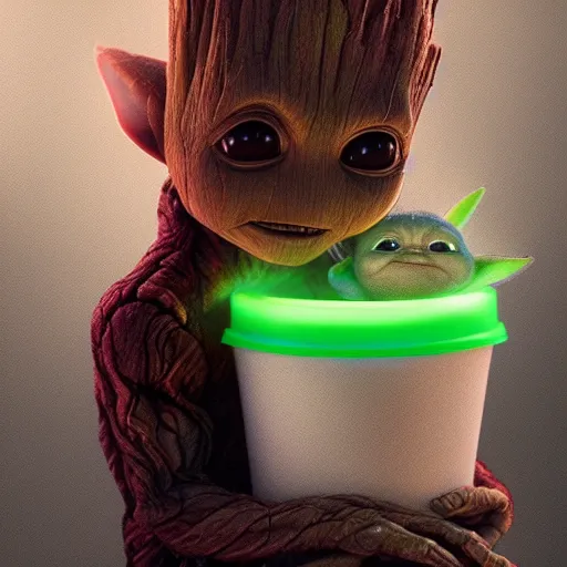 Prompt: Baby Groot and Baby Yoda are chilling in a coffee shop together hyperdetailed, artstation, cgsociety, 8k