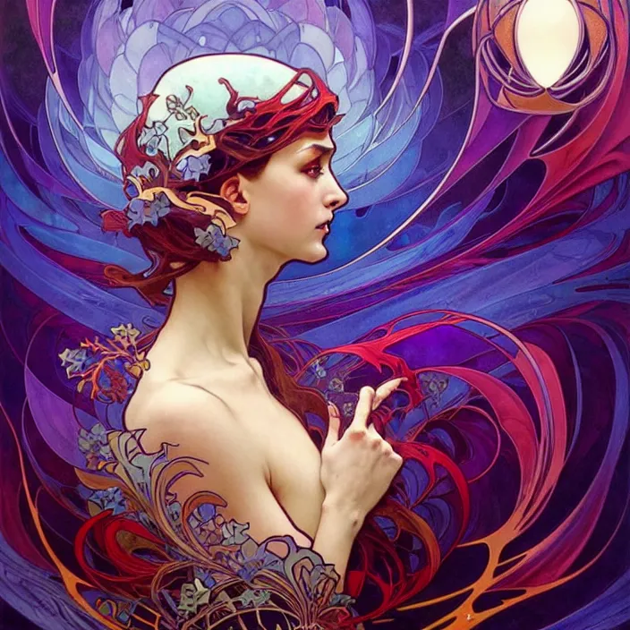 Image similar to ethereum symbol, in the style of artgerm and greg rutkowski and alphonse mucha, exuberant organic elegant forms, by karol bak and filip hodas : : 1. 4 purple, red, blue, green, black intricate mandala explosions : : intuit art : : turbulent water backdrop : : damask wallpaper : : atmospheric